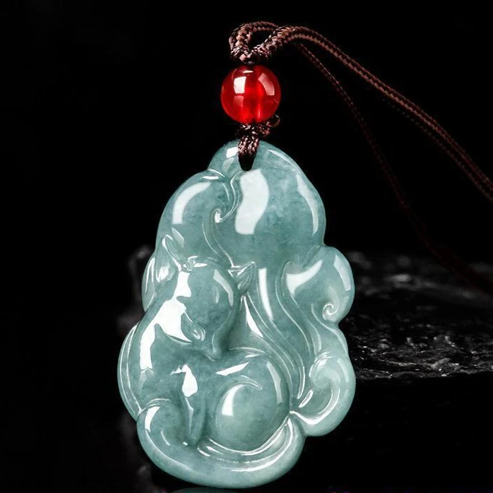 Blue Myanmar Jadeite Fox Pendant Necklace - Image 4