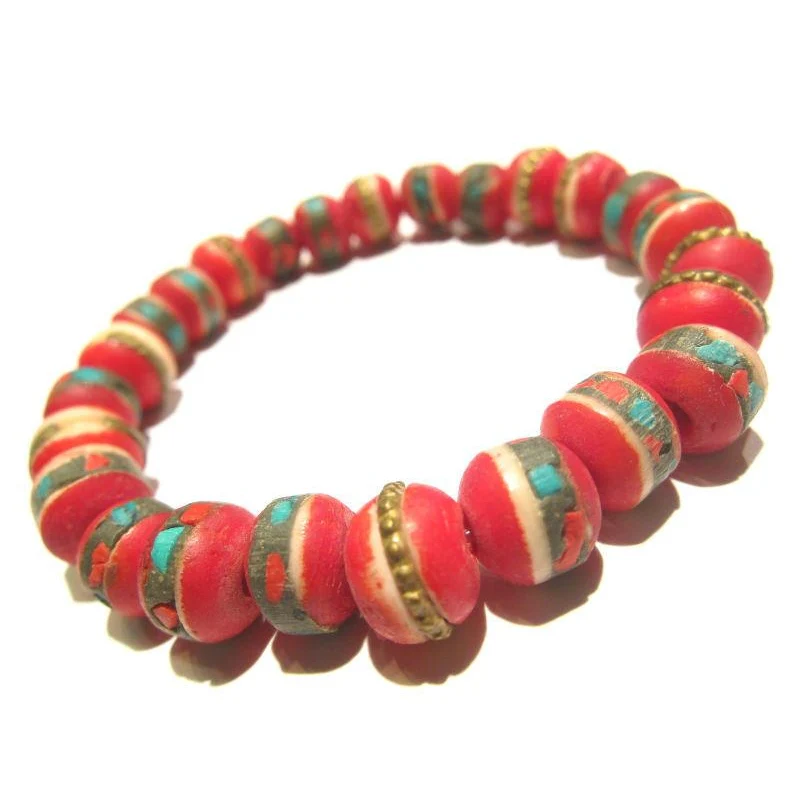 Dyed Cow Bone Inlaid with Turquoise & Coral Prayer Bead Stretch Bracelet - Image 2