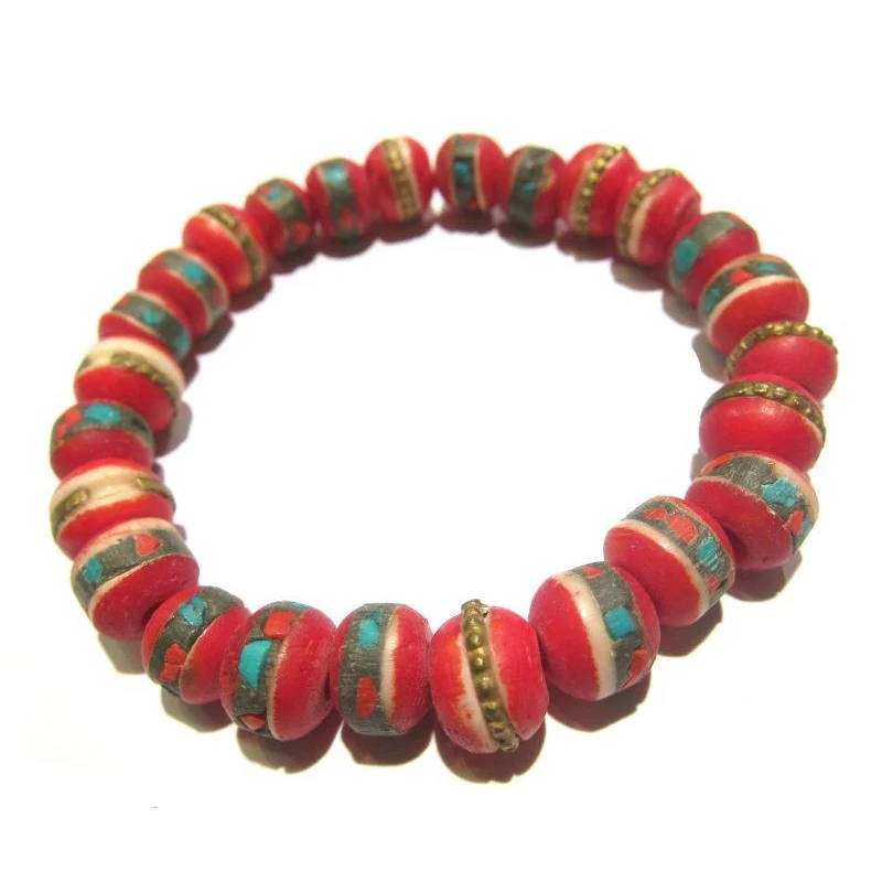 Dyed Cow Bone Inlaid with Turquoise & Coral Prayer Bead Stretch Bracelet - Image 3