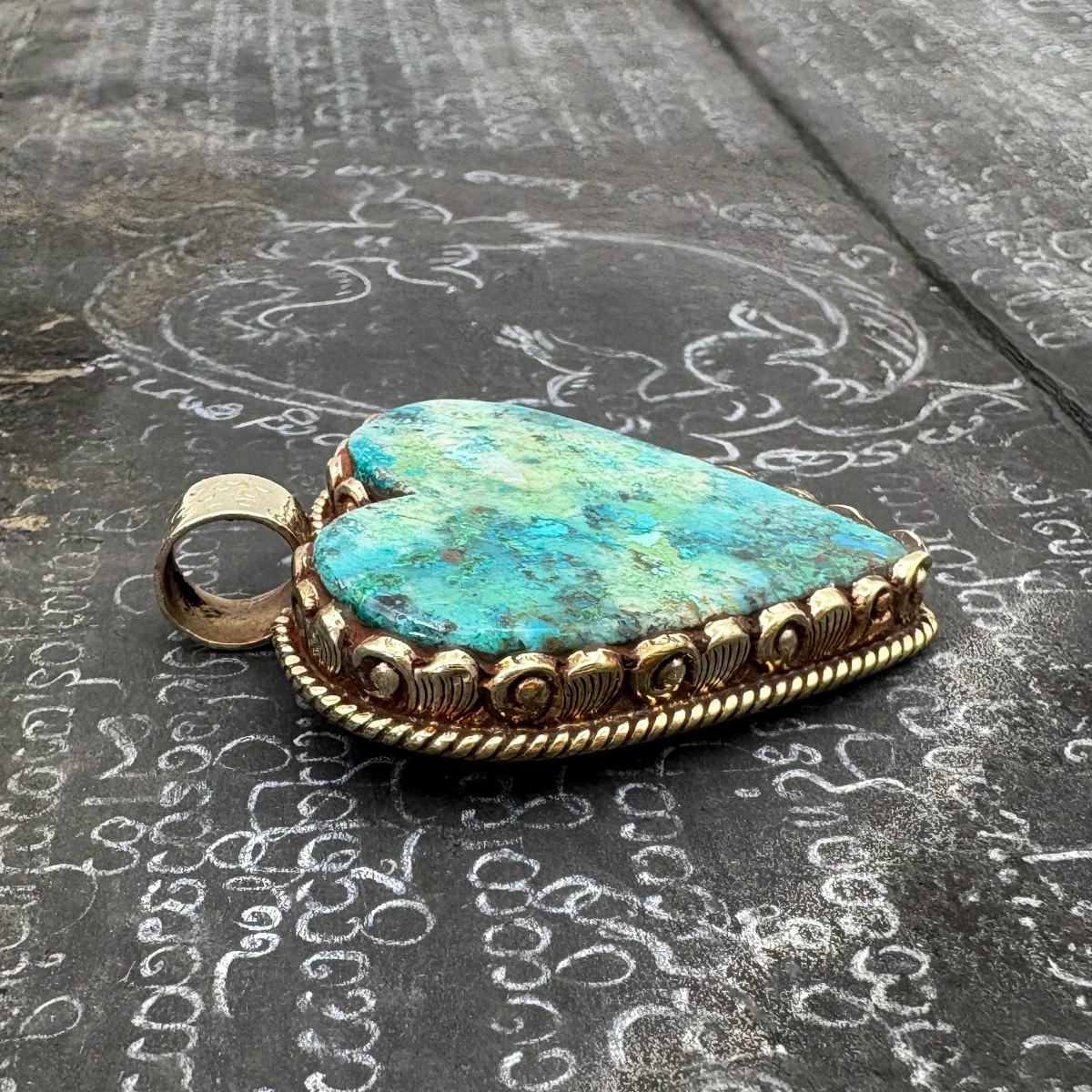 Brass & Chrysocolla Heart Pendant Amulet (A) - Image 11