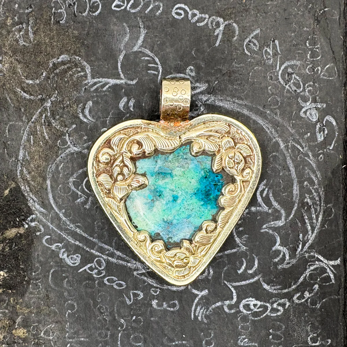 Brass & Chrysocolla Heart Pendant Amulet (A) - Image 4