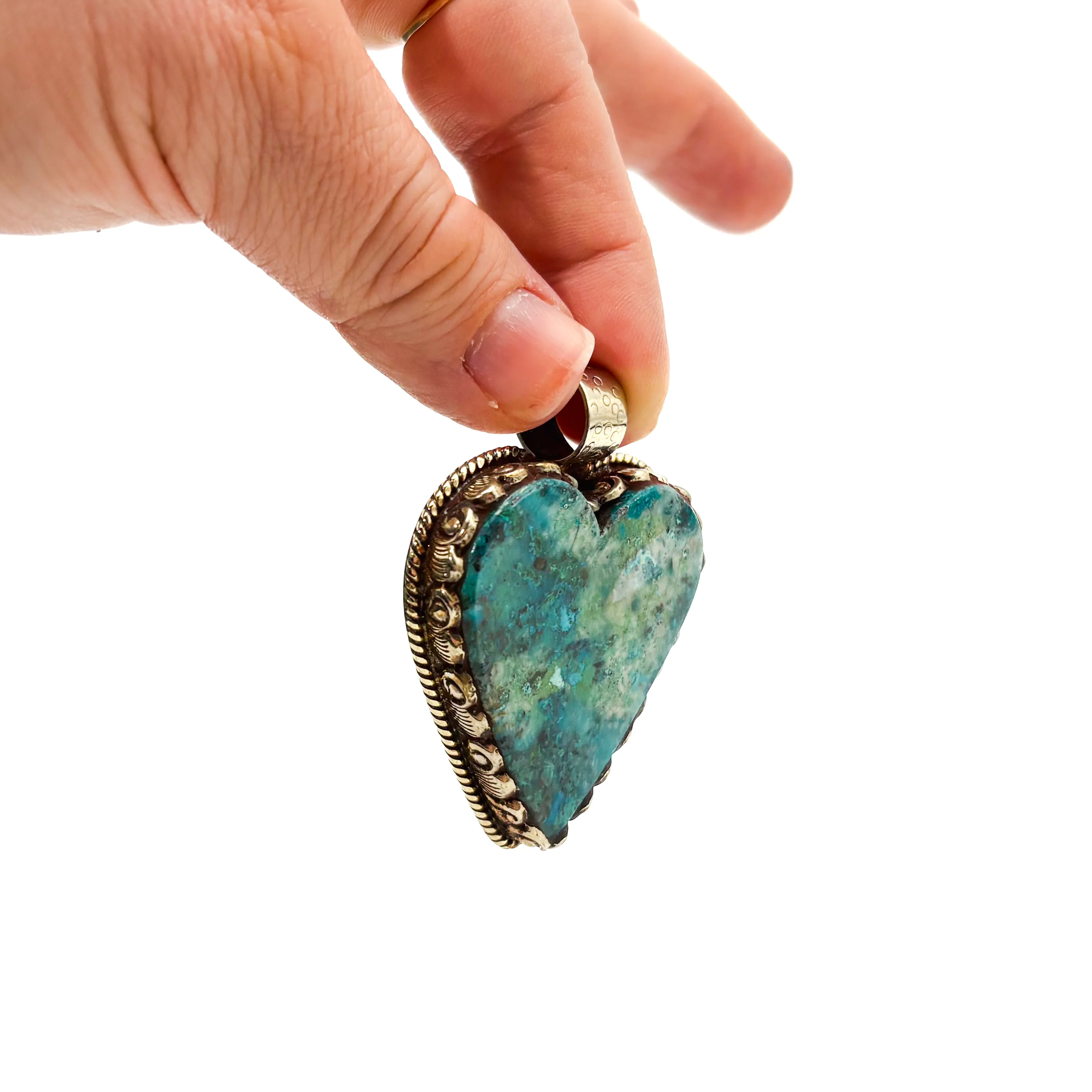 Brass & Chrysocolla Heart Pendant Amulet (A) - Image 5
