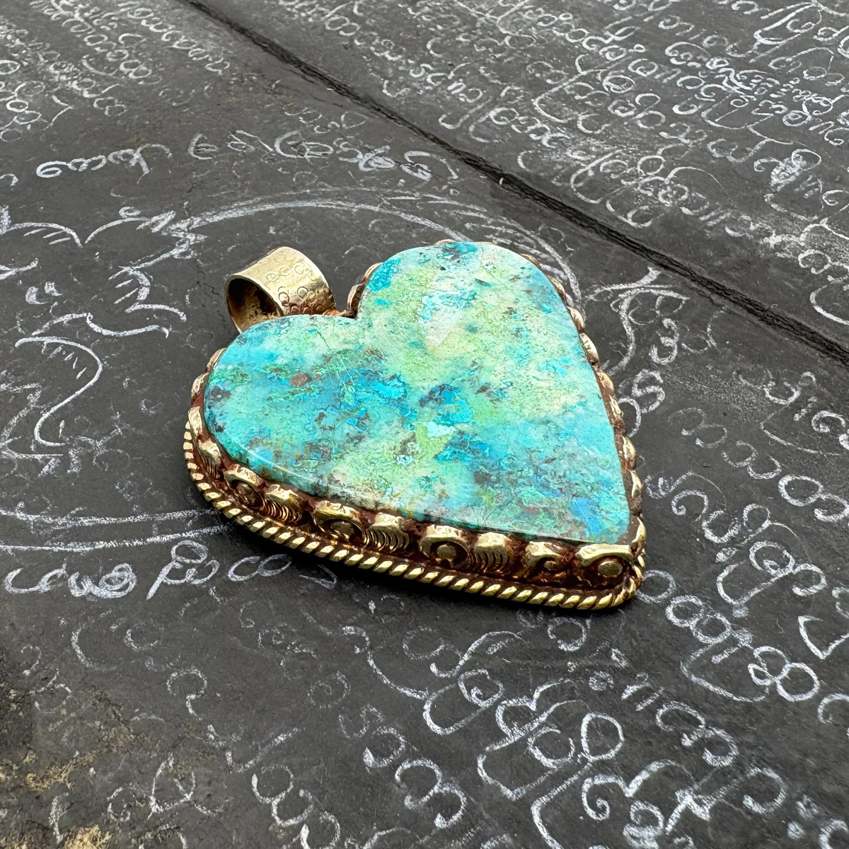 Brass & Chrysocolla Heart Pendant Amulet (A) - Image 6