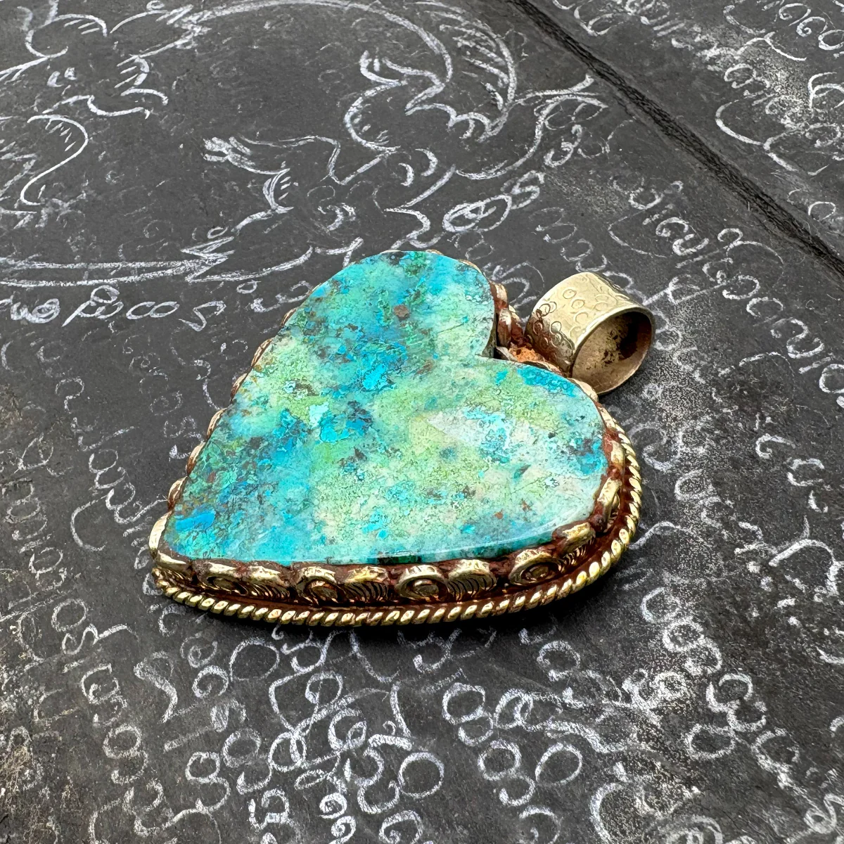 Brass & Chrysocolla Heart Pendant Amulet (A) - Image 7