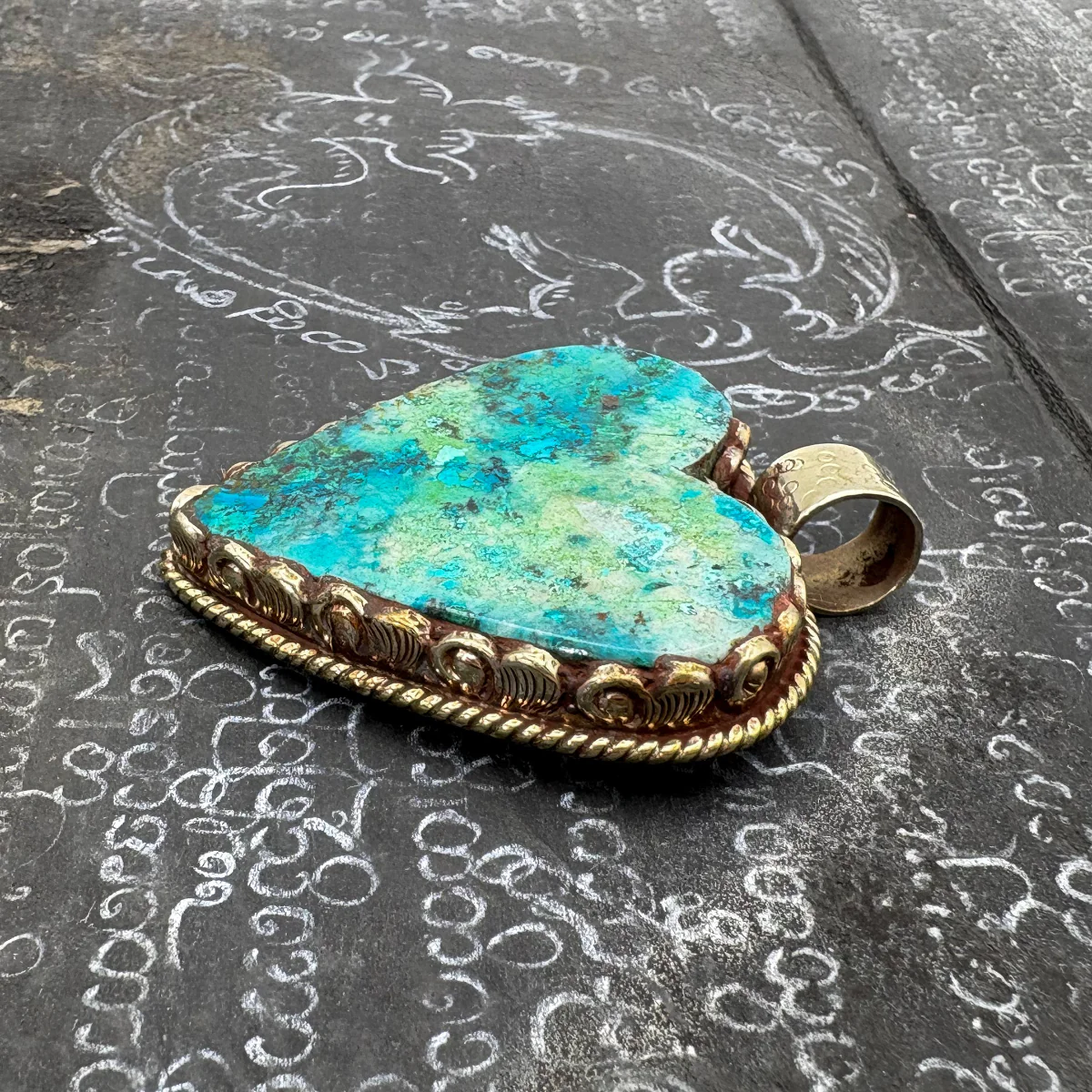 Brass & Chrysocolla Heart Pendant Amulet (A) - Image 8