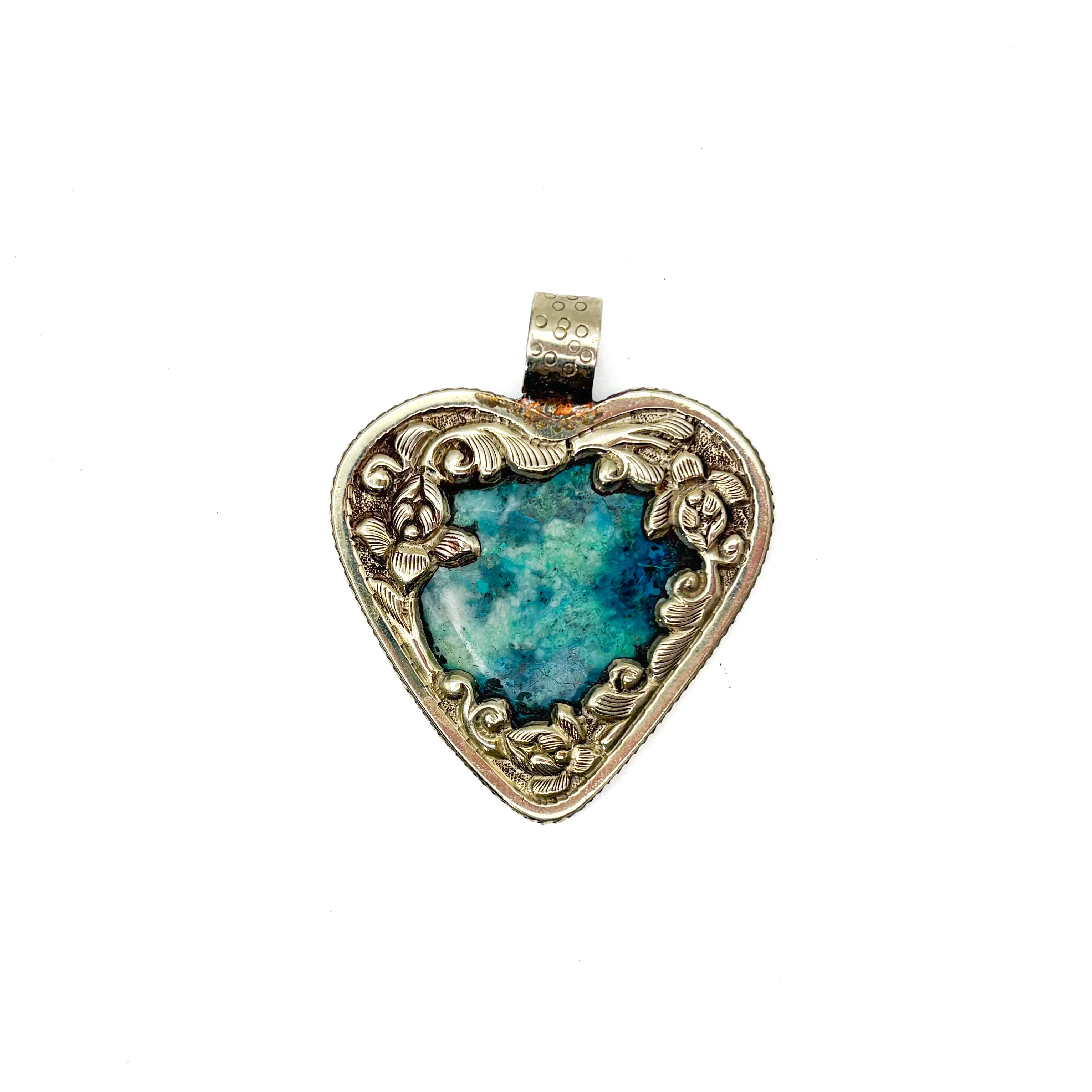 Brass & Chrysocolla Heart Pendant Amulet (A) - Image 9