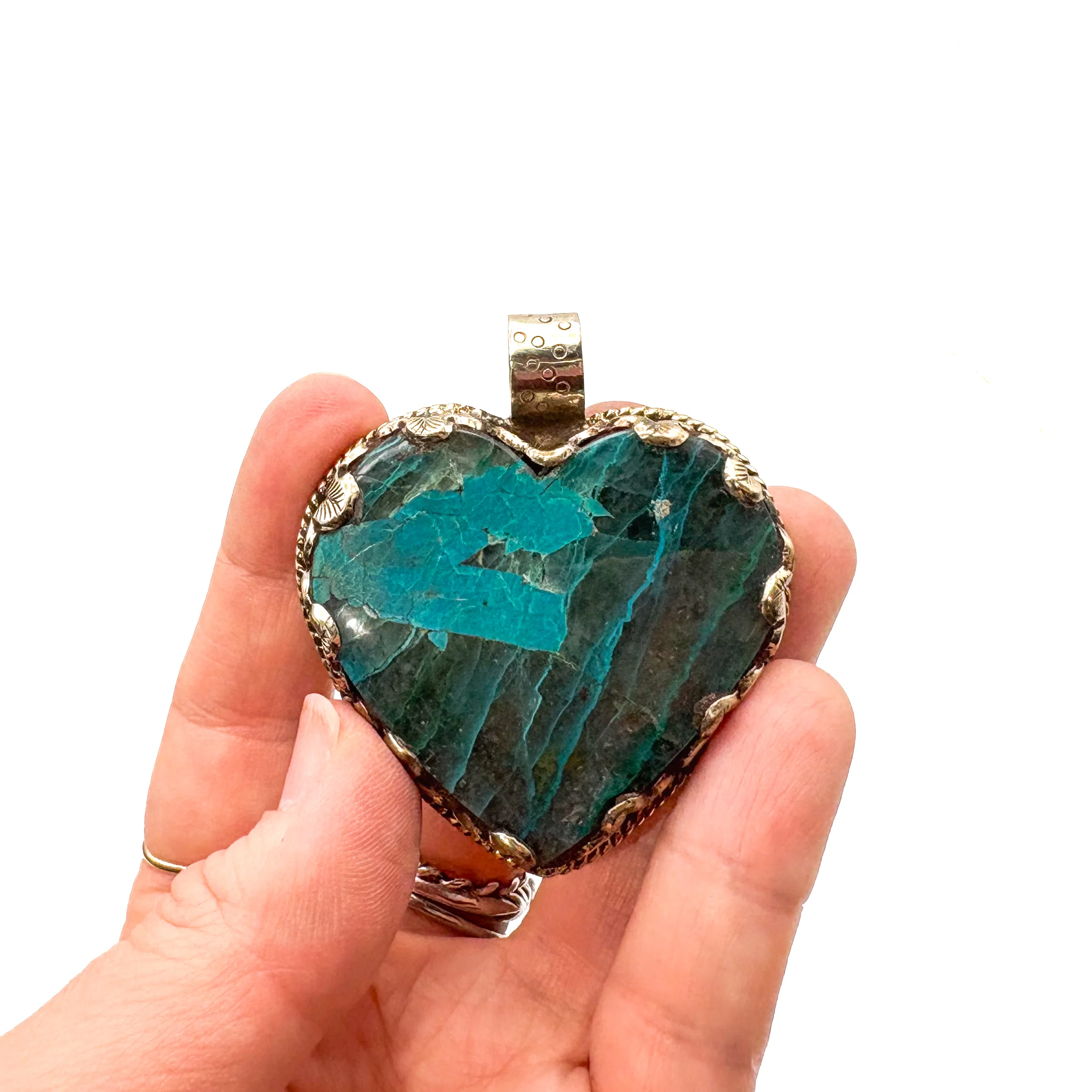 Brass & Chrysocolla Heart Pendant Amulet (B) - Image 3
