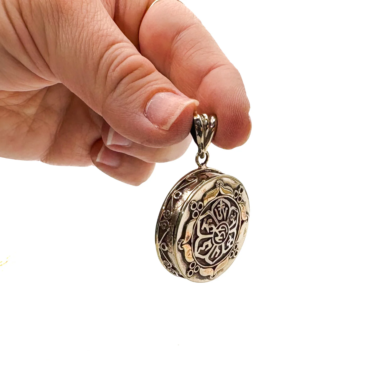 Brass Flower Ohm Gau Locket Pendant Amulet - Image 2