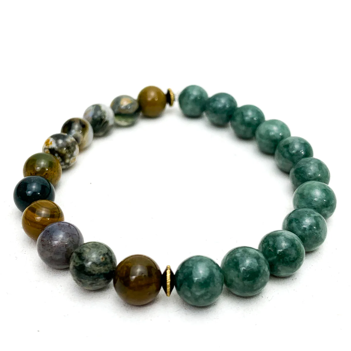 Burmese Jadeite Stretch Bracelets With Ocean Jasper, Matte Tiger's Eye, Brushed Brass - Image 10