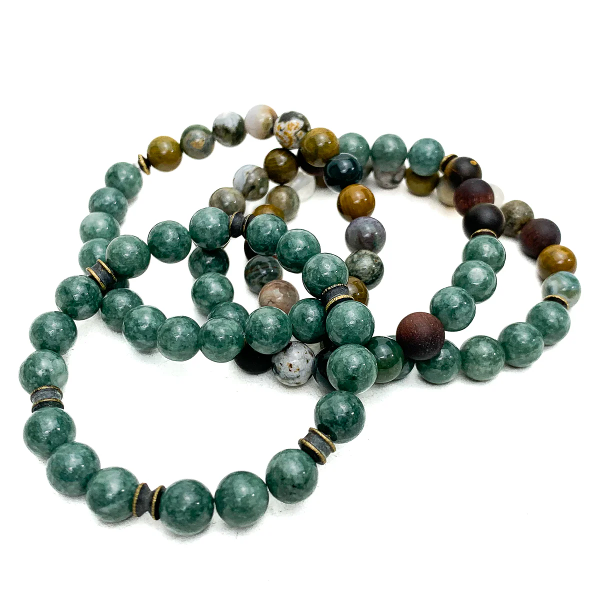 Burmese Jadeite Stretch Bracelets With Ocean Jasper, Matte Tiger's Eye, Brushed Brass - Image 2