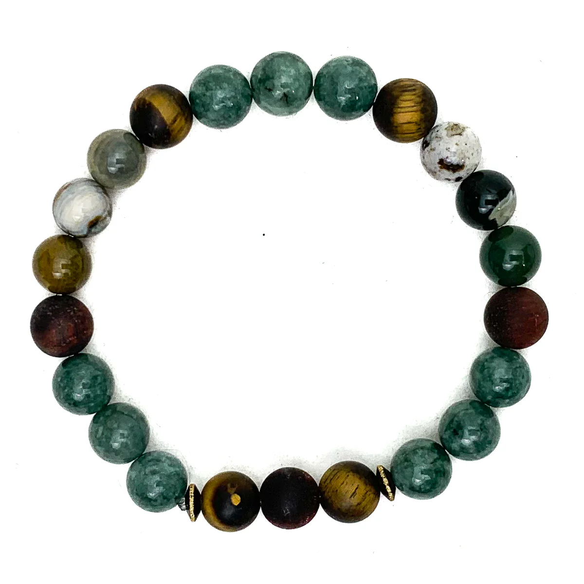 Burmese Jadeite Stretch Bracelets With Ocean Jasper, Matte Tiger's Eye, Brushed Brass - Image 3