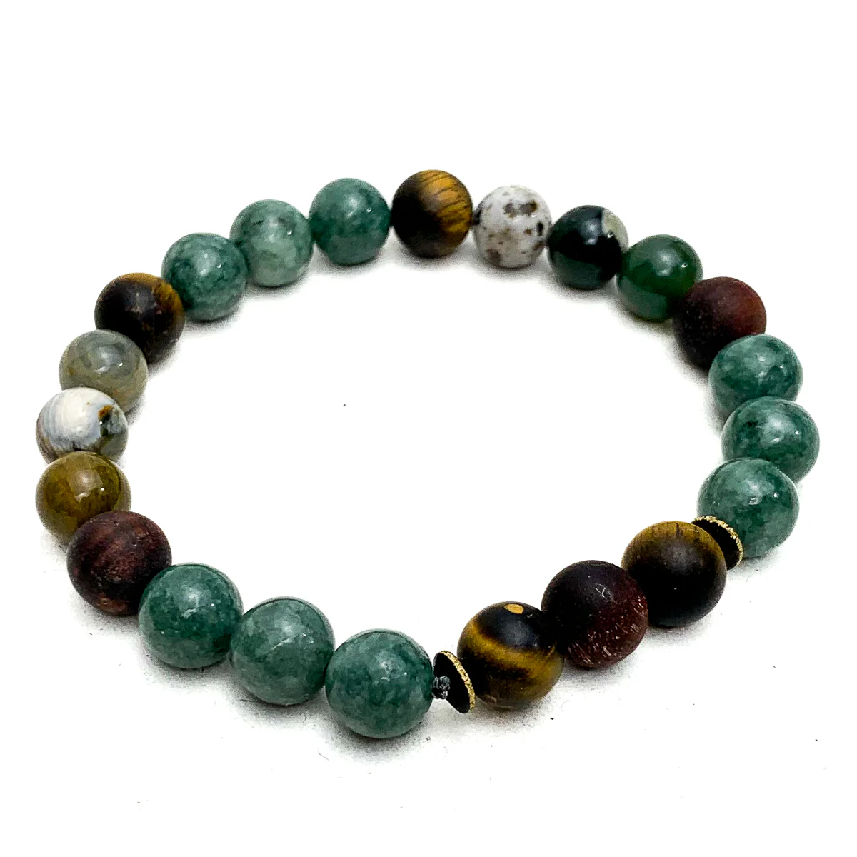 Burmese Jadeite Stretch Bracelets With Ocean Jasper, Matte Tiger's Eye, Brushed Brass - Image 4
