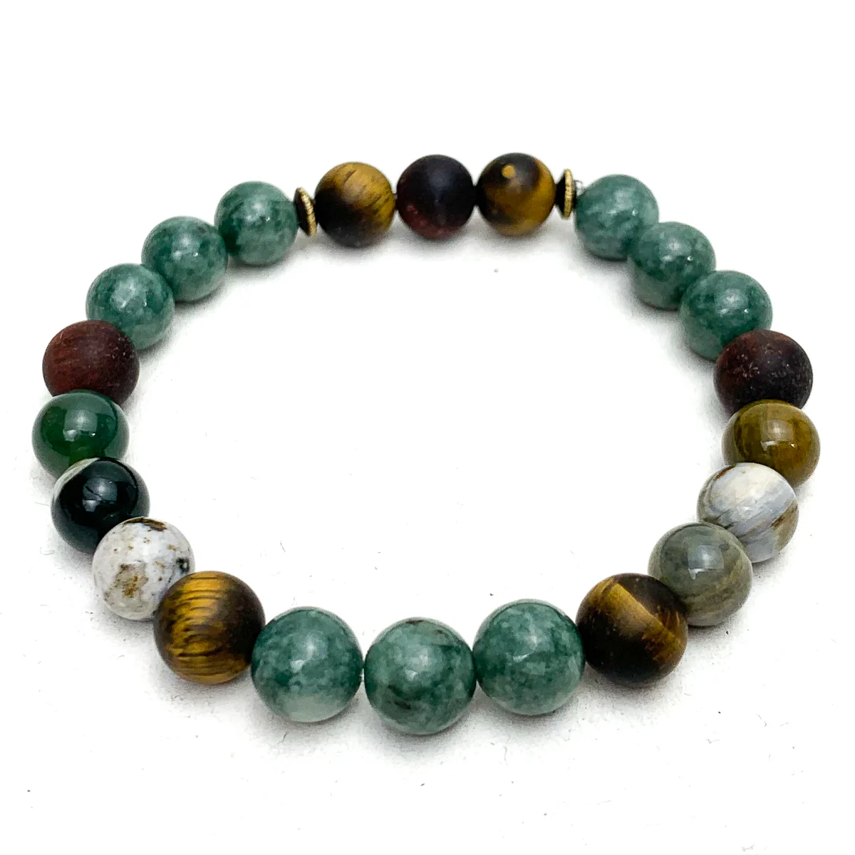 Burmese Jadeite Stretch Bracelets With Ocean Jasper, Matte Tiger's Eye, Brushed Brass - Image 5