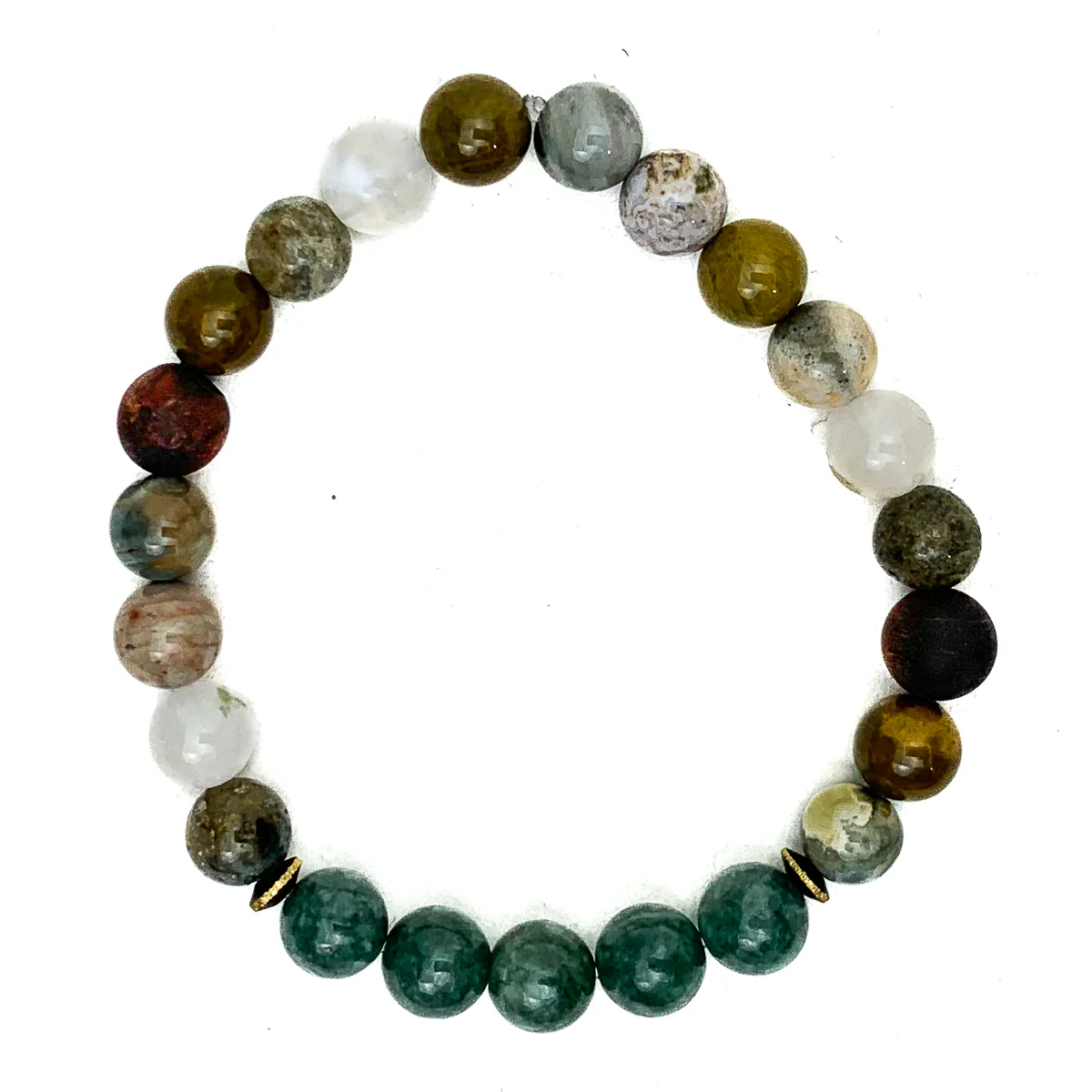 Burmese Jadeite Stretch Bracelets With Ocean Jasper, Matte Tiger's Eye, Brushed Brass - Image 6