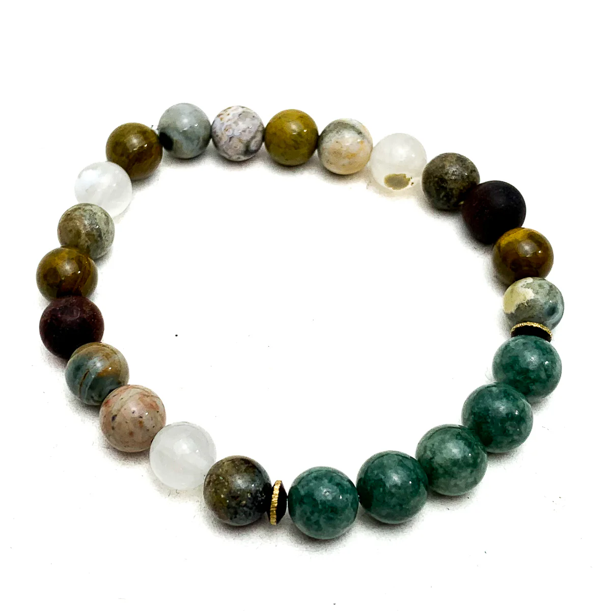 Burmese Jadeite Stretch Bracelets With Ocean Jasper, Matte Tiger's Eye, Brushed Brass - Image 7