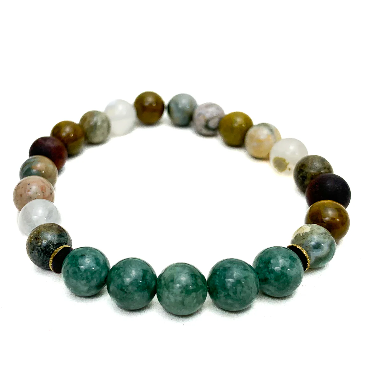 Burmese Jadeite Stretch Bracelets With Ocean Jasper, Matte Tiger's Eye, Brushed Brass - Image 8