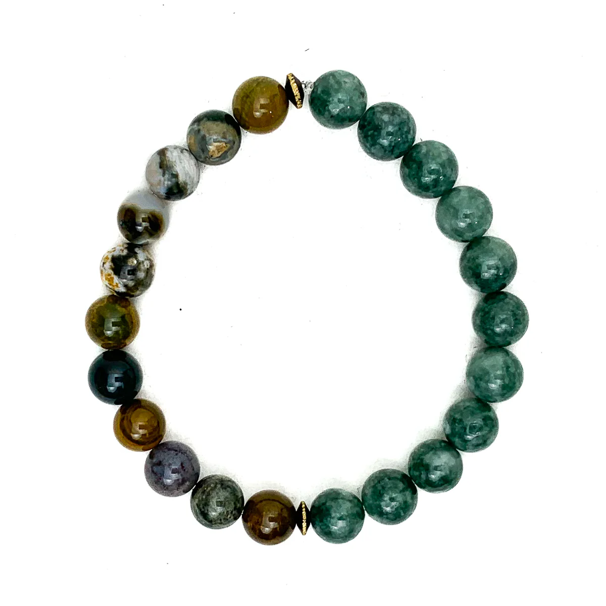 Burmese Jadeite Stretch Bracelets With Ocean Jasper, Matte Tiger's Eye, Brushed Brass - Image 9