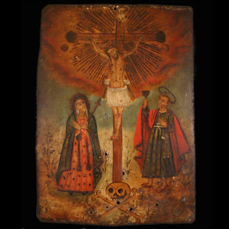 19th Century Mexican Antique Retablo of Jesús en el Calvario, or Jesus Crucified at Calvary #22 - Image 2
