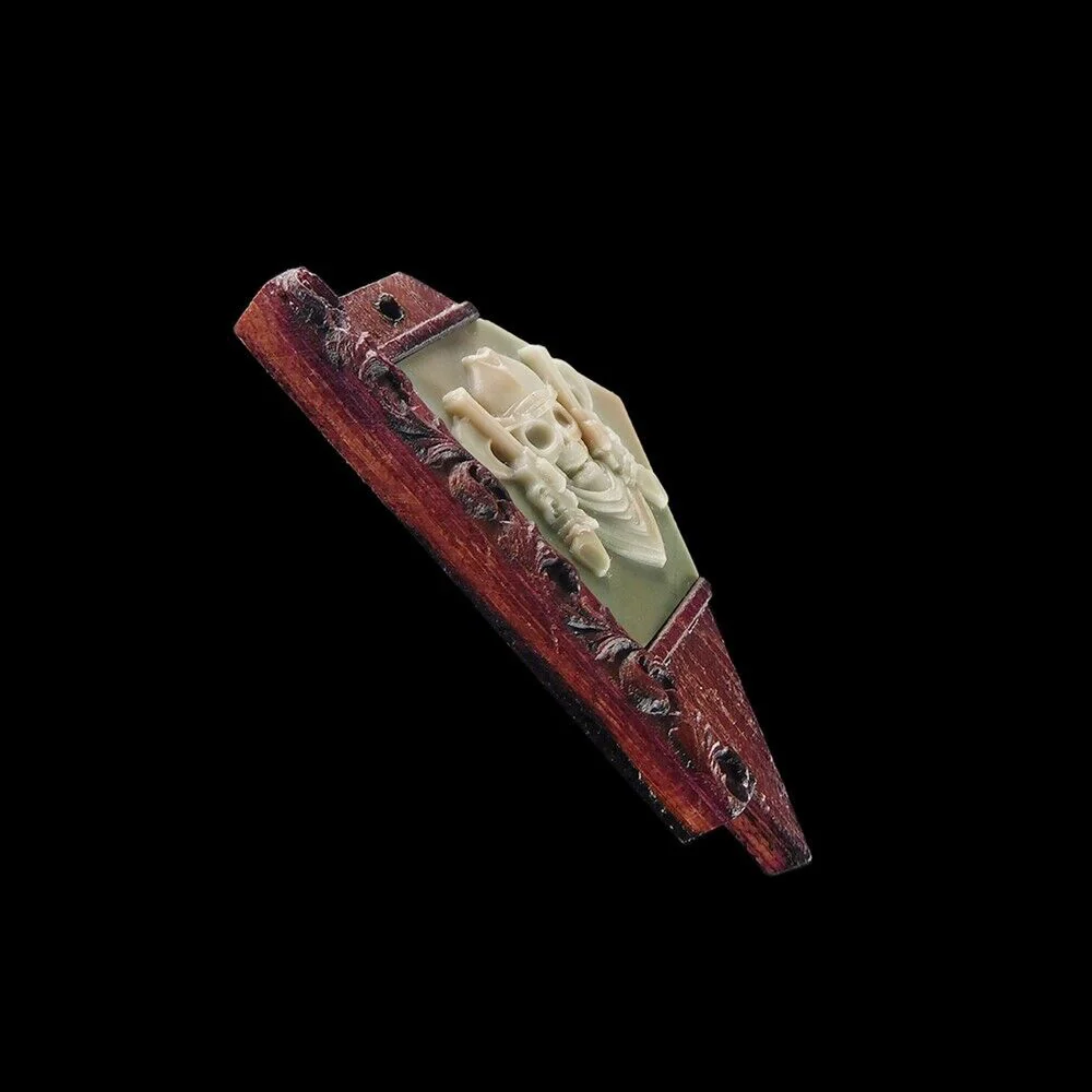 Carved Skull Ribbon Jasper & Wood Pendant - Image 2