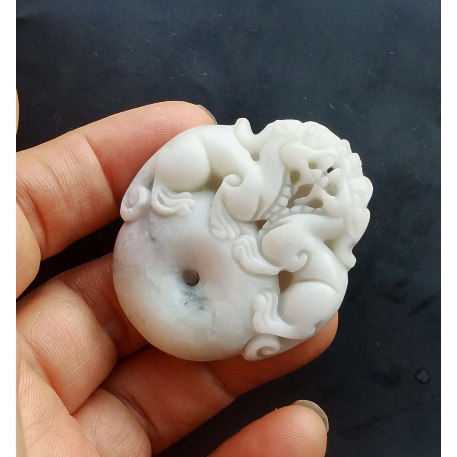 Carving Dragon Qilin Donut Natural White Jade Stone Pendant - Image 2