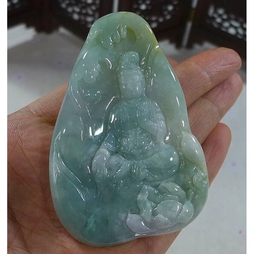Certified Natural Type A Icy Jadeite Jade Lotus Kwan-Yin Big Pendant Necklace - Image 2