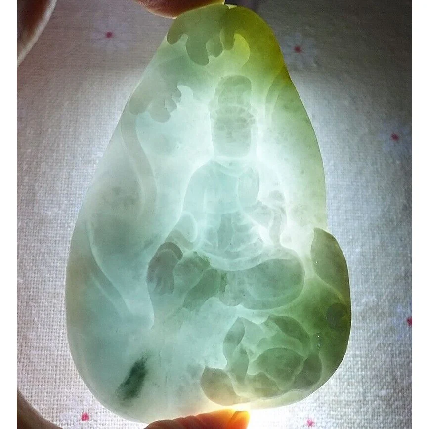 Certified Natural Type A Icy Jadeite Jade Lotus Kwan-Yin Big Pendant Necklace - Image 3