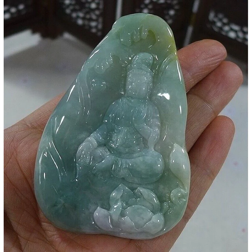 Certified Natural Type A Icy Jadeite Jade Lotus Kwan-Yin Big Pendant Necklace - Image 4