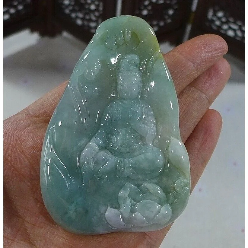 Certified Natural Type A Icy Jadeite Jade Lotus Kwan-Yin Big Pendant Necklace - Image 5
