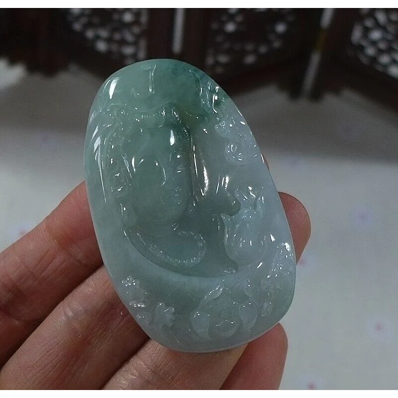 Cert'd Natural Type A Icy Light Green Jadeite Jade Lotus Kwan-Yin Pendant - Image 2