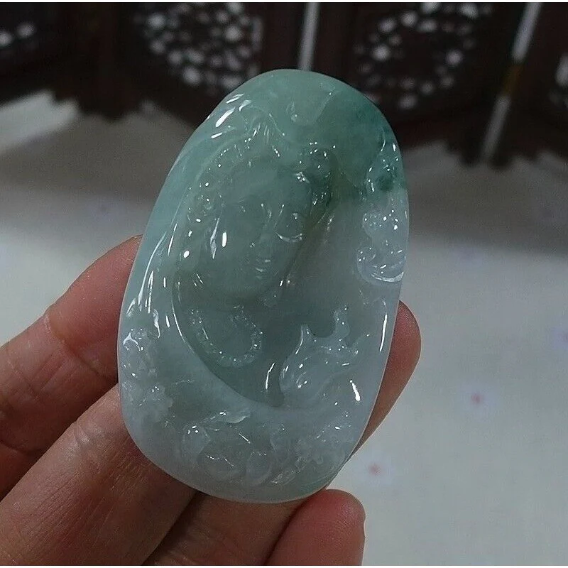 Cert'd Natural Type A Icy Light Green Jadeite Jade Lotus Kwan-Yin Pendant - Image 3