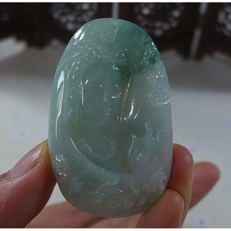 Cert'd Natural Type A Icy Light Green Jadeite Jade Lotus Kwan-Yin Pendant - Image 4