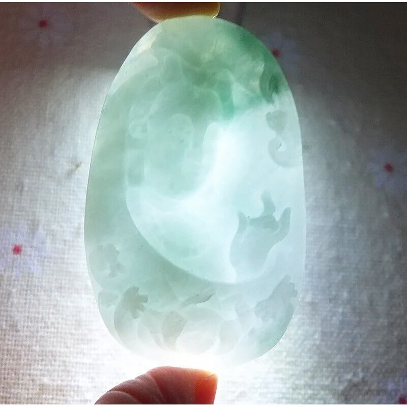 Cert'd Natural Type A Icy Light Green Jadeite Jade Lotus Kwan-Yin Pendant - Image 5
