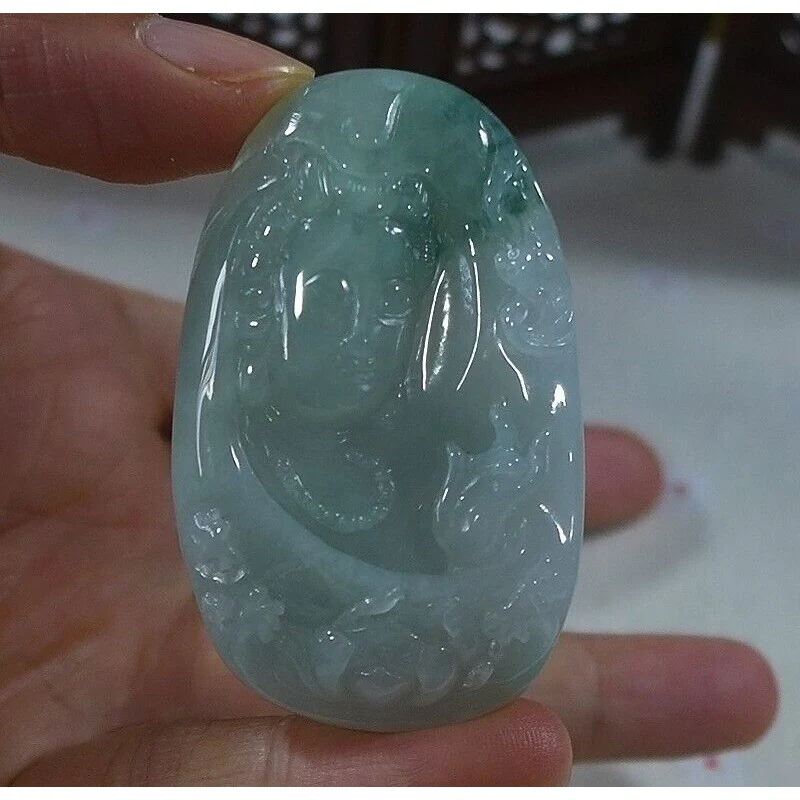 Cert'd Natural Type A Icy Light Green Jadeite Jade Lotus Kwan-Yin Pendant - Image 6