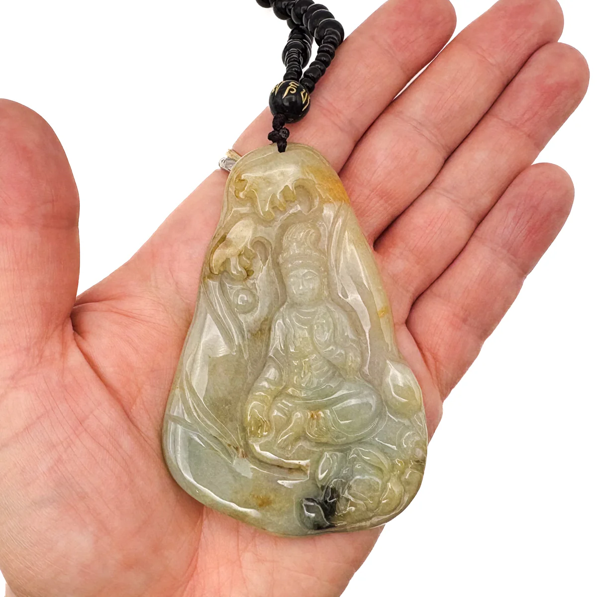 Certified Natural Type A Icy Yellow Jadeite Jade Lotus Kwan-Yin Pendant - Image 12