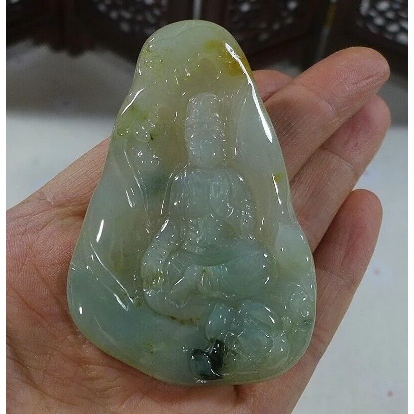 Certified Natural Type A Icy Yellow Jadeite Jade Lotus Kwan-Yin Pendant - Image 14