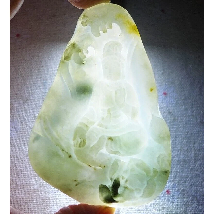 Certified Natural Type A Icy Yellow Jadeite Jade Lotus Kwan-Yin Pendant - Image 15