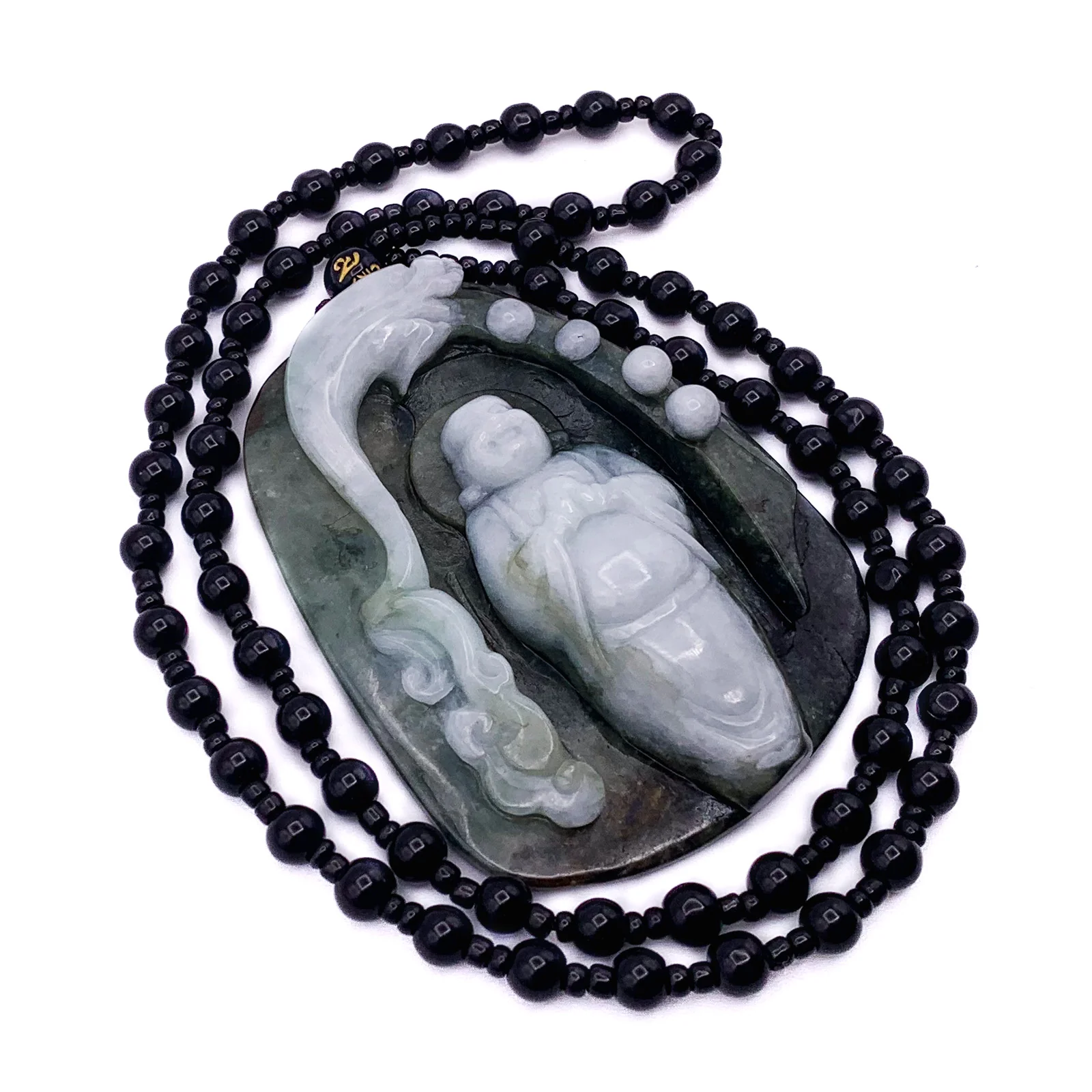 Cert'd Natural Type AAA Black, Moss Green and Ice Green Masterpiece Jadeite Jade Hotei Happy Buddha in a Magical Grotto Defended by a Dragon Releaesing - Image 2