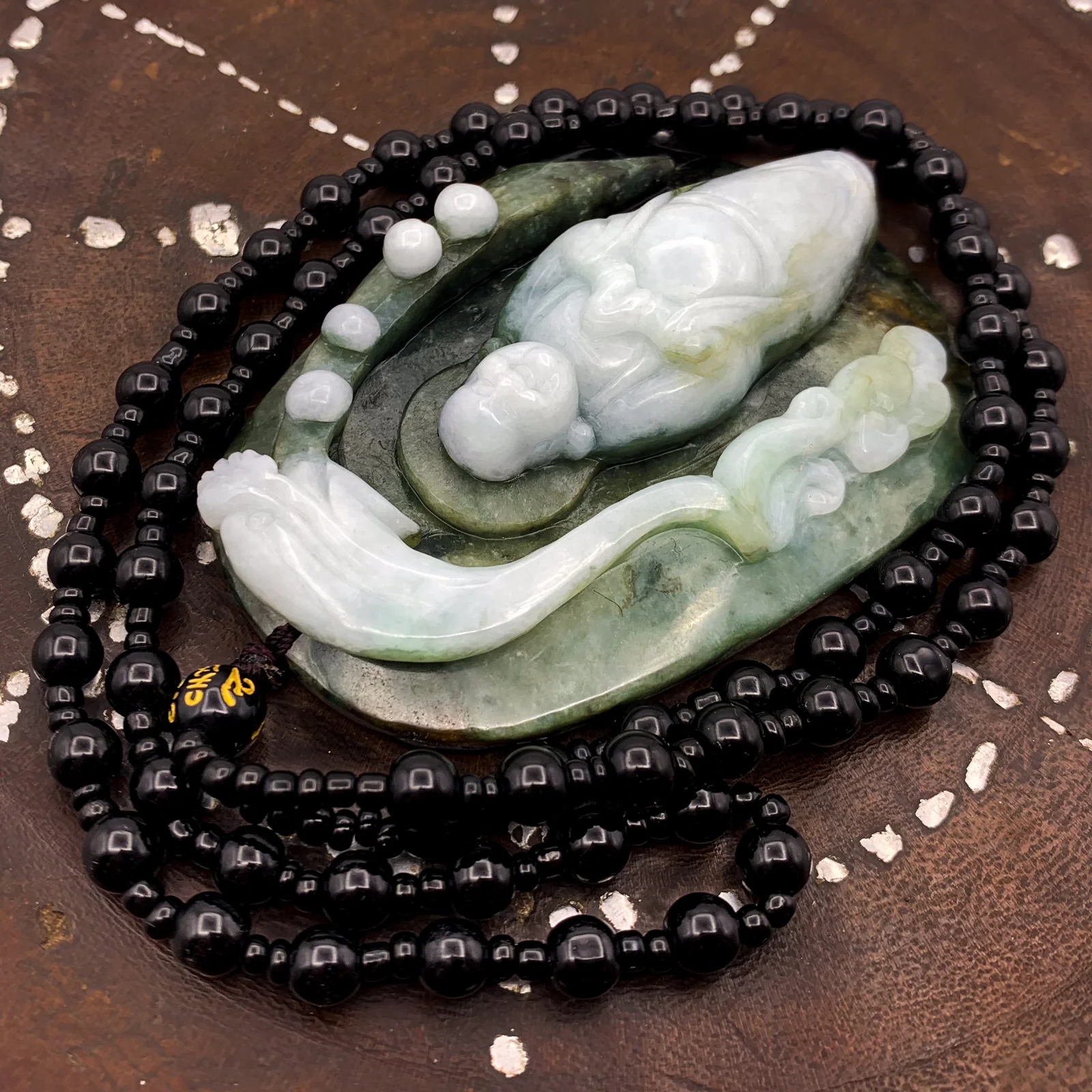 Cert'd Natural Type AAA Black, Moss Green and Ice Green Masterpiece Jadeite Jade Hotei Happy Buddha in a Magical Grotto Defended by a Dragon Releaesing - Image 3