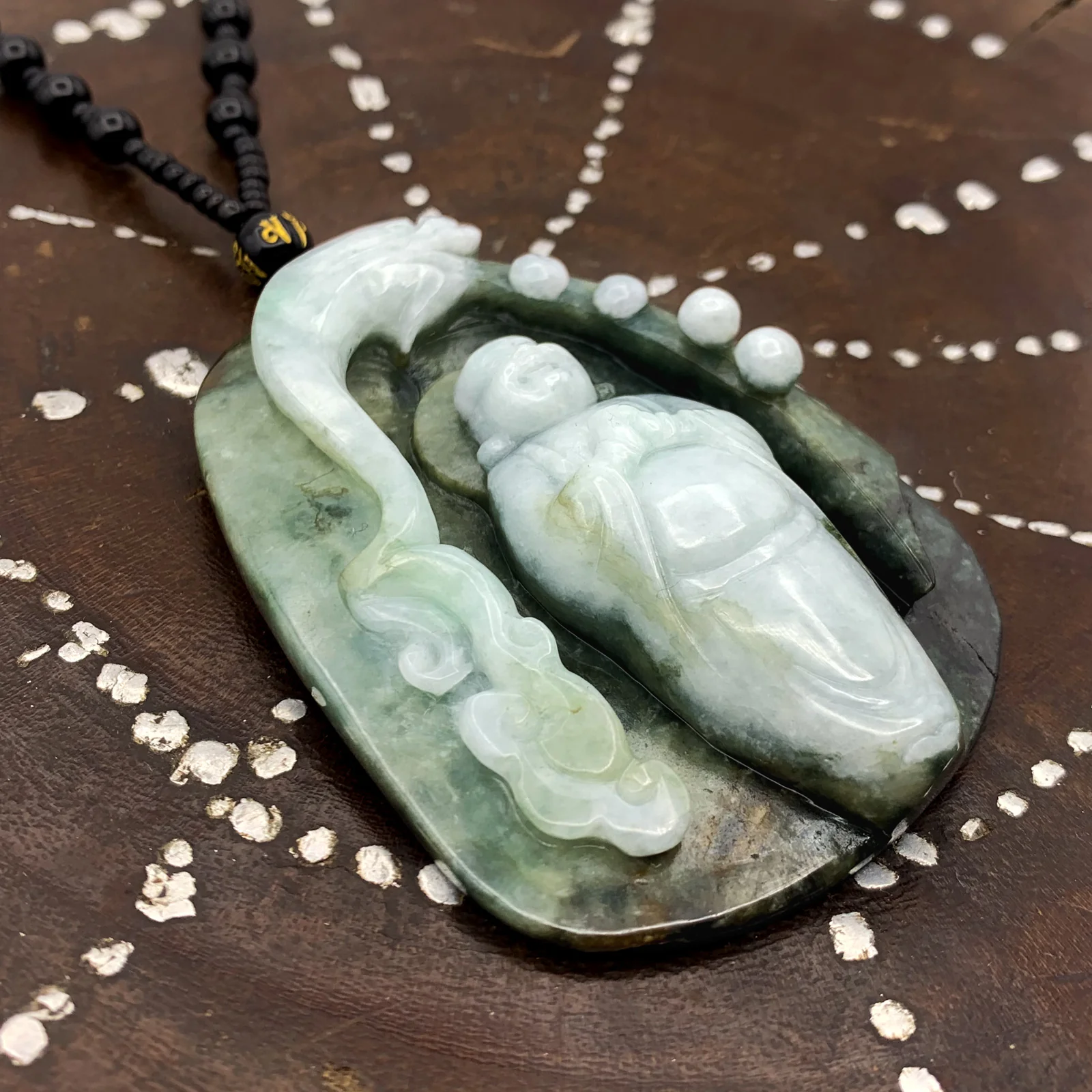 Cert'd Natural Type AAA Black, Moss Green and Ice Green Masterpiece Jadeite Jade Hotei Happy Buddha in a Magical Grotto Defended by a Dragon Releaesing - Image 4