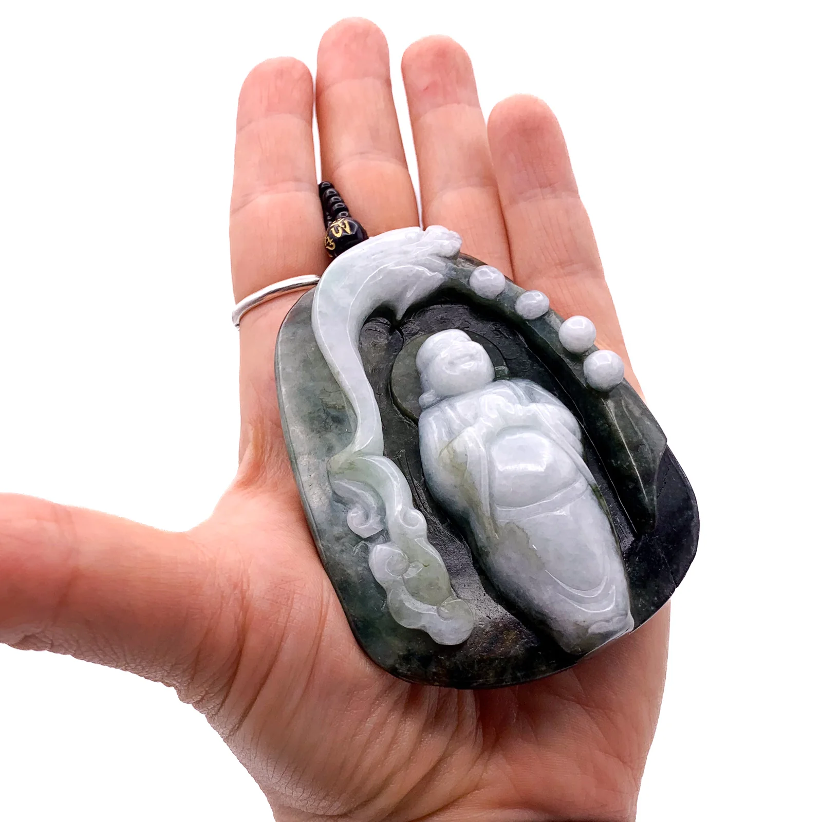 Cert'd Natural Type AAA Black, Moss Green and Ice Green Masterpiece Jadeite Jade Hotei Happy Buddha in a Magical Grotto Defended by a Dragon Releaesing - Image 5