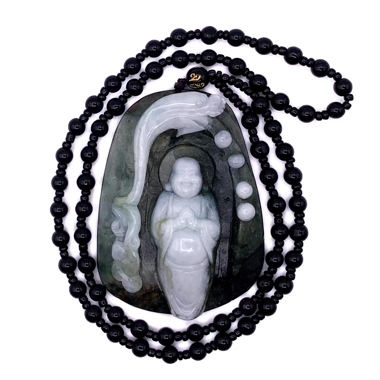 Cert'd Natural Type AAA Black, Moss Green and Ice Green Masterpiece Jadeite Jade Hotei Happy Buddha in a Magical Grotto Defended by a Dragon Releaesing - Image 6