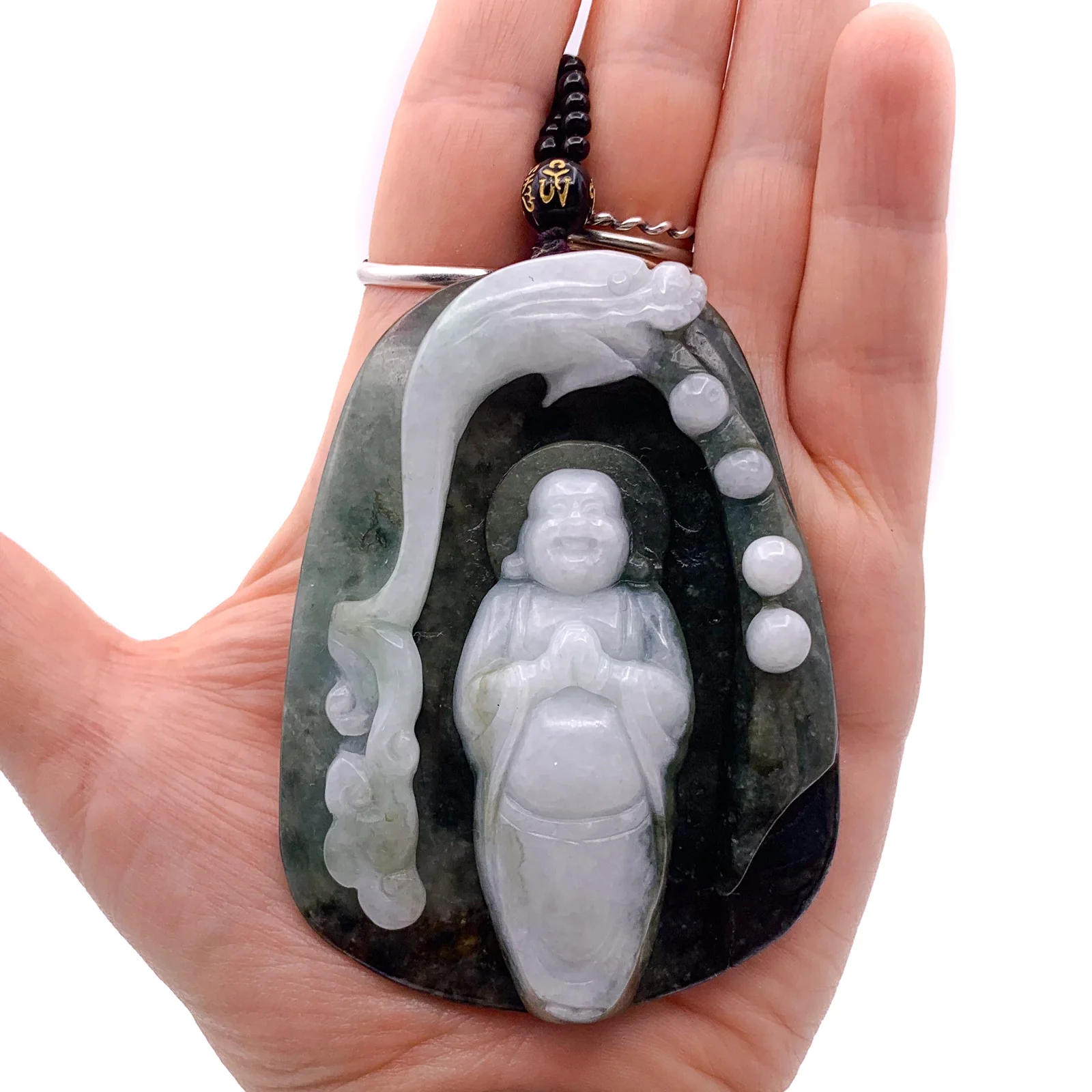 Cert'd Natural Type AAA Black, Moss Green and Ice Green Masterpiece Jadeite Jade Hotei Happy Buddha in a Magical Grotto Defended by a Dragon Releaesing - Image 7