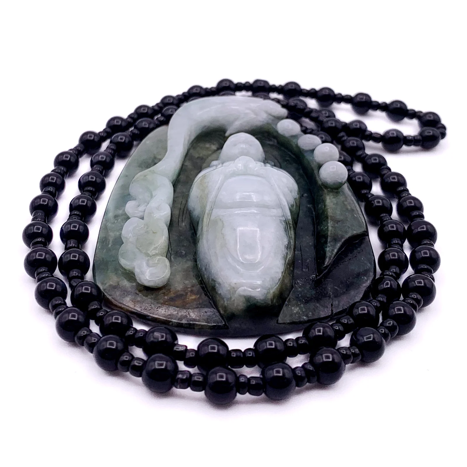 Cert'd Natural Type AAA Black, Moss Green and Ice Green Masterpiece Jadeite Jade Hotei Happy Buddha in a Magical Grotto Defended by a Dragon Releaesing - Image 9