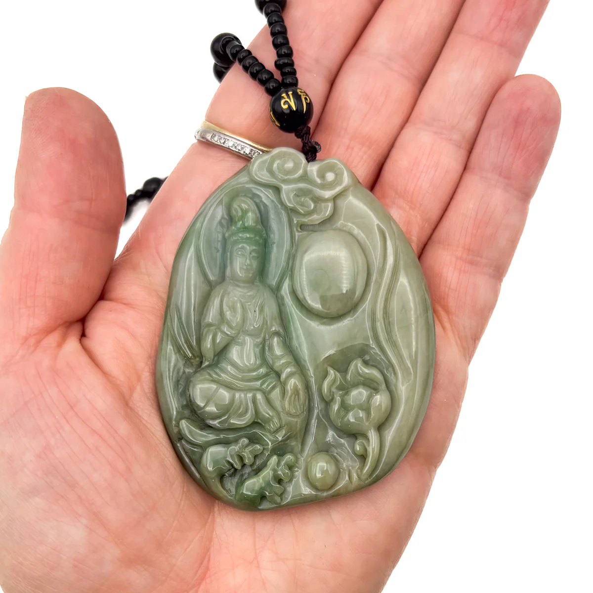 Certified Natural Type A Jadeite Jade Lotus Kwan-Yin Pendant Necklace - Image 13