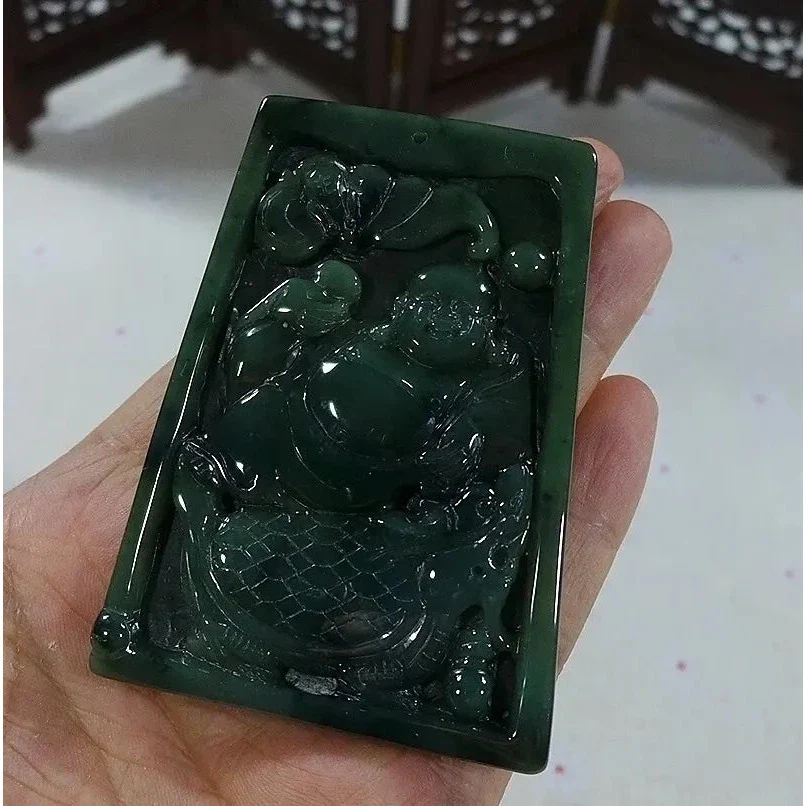 Certified Natural Type A Jadeite Jade Turtle Dragon Buddha Big Pendant - Image 2