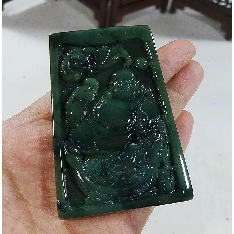 Certified Natural Type A Jadeite Jade Turtle Dragon Buddha Big Pendant - Image 3