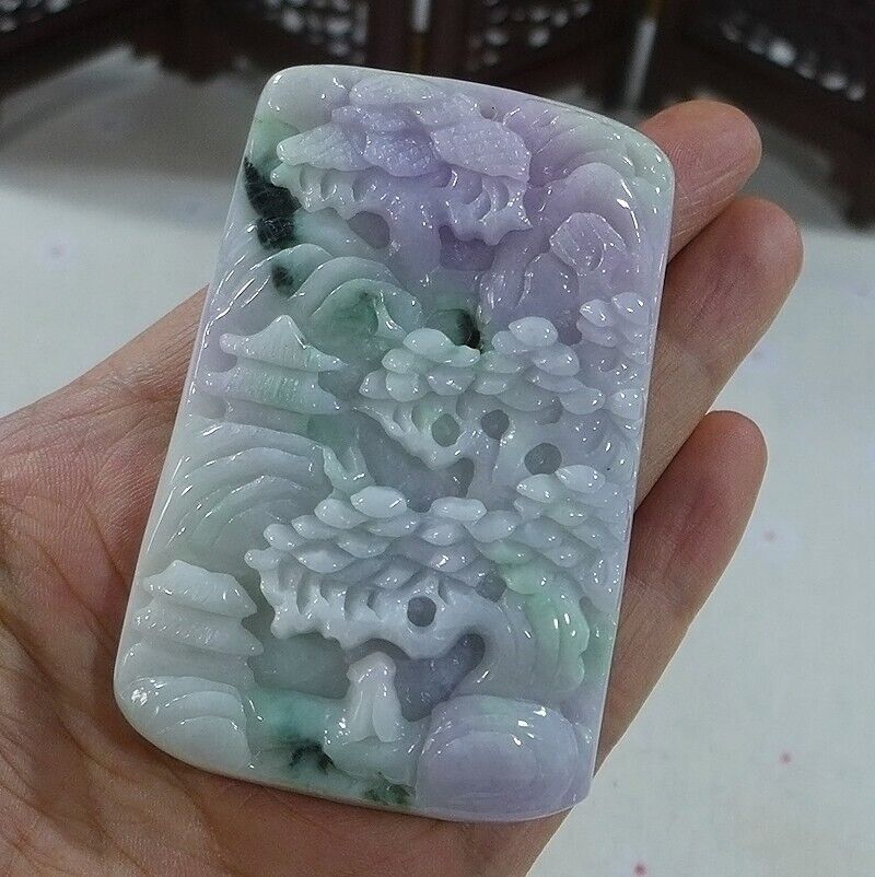 Certified Natural Type A Lavender Green Jadeite Jade Big Landscape Pendant Necklace - Image 3