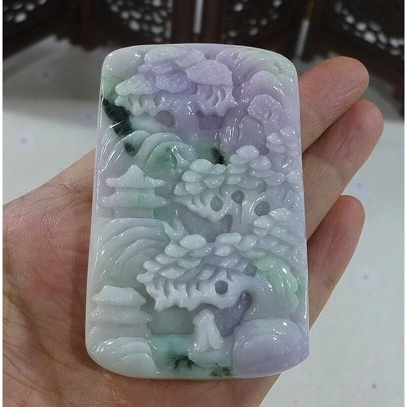 Certified Natural Type A Lavender Green Jadeite Jade Big Landscape Pendant Necklace - Image 4