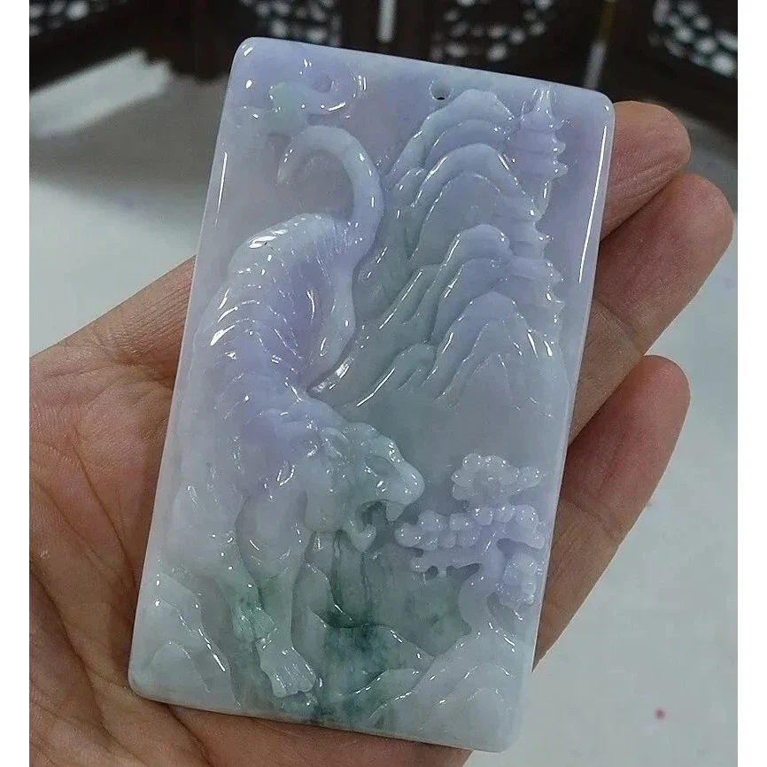 Certified Natural Type A Lavender Green Jadeite Jade Big Scene Tiger Pendant - Image 2