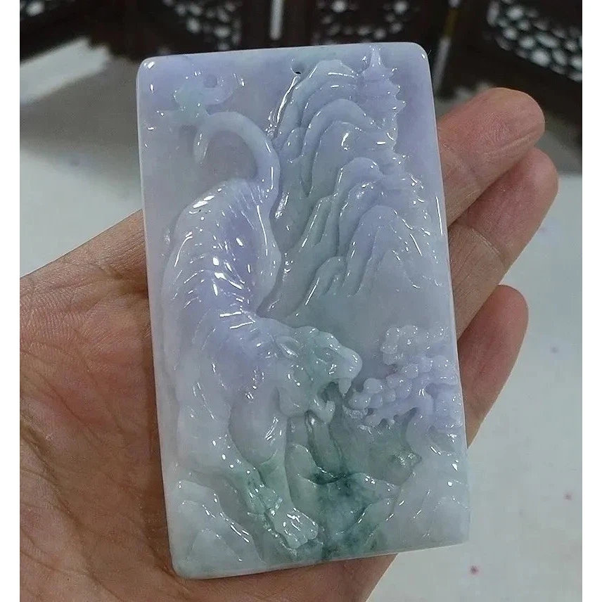 Certified Natural Type A Lavender Green Jadeite Jade Big Scene Tiger Pendant - Image 3